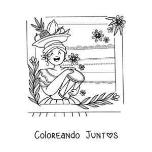 Imagen para colorear de mujer con vestimenta tradicional colombiana tocando tambores