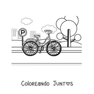 Imagen para colorear de una bicicleta en el parque con edificios en el fondo