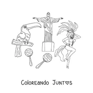 Imagen para colorear de cristo redentor y elementos de la cultura de brasil