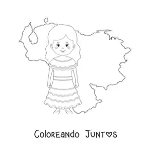 Imagen para colorear de niña con vestimenta tradicional y el mapa de venezuela