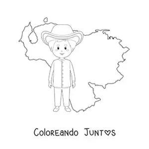 Imagen para colorear de niño con vestimenta tradicional y el mapa de venezuela