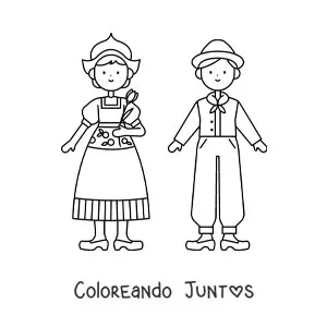 Imagen para colorear de pareja con traje típico de los países bajos