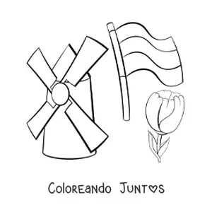 Imagen para colorear de molino con bandera de los países bajos y un tulipán