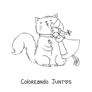 Imagen para colorear de niña holandesa con un gato animado