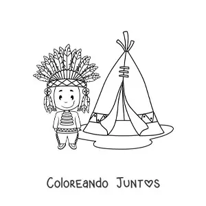 Imagen para colorear de indígena americano animado con penacho de plumas junto a un tipi