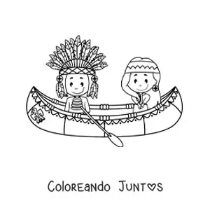 Imagen para colorear de indígenas nativos americanos animados en un canoa