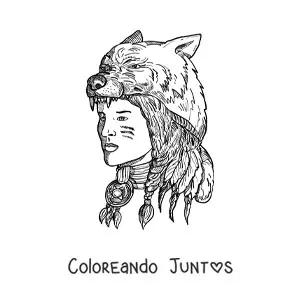 Imagen para colorear de indígena de tribu nativa americana realista con piel de oso