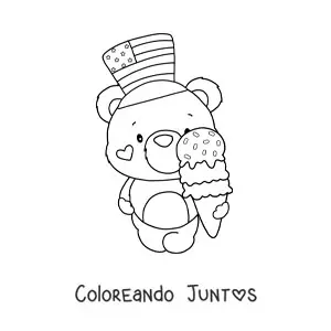 Imagen para colorear de oso animado kawaii con un helado y un sombrero de estados unidos