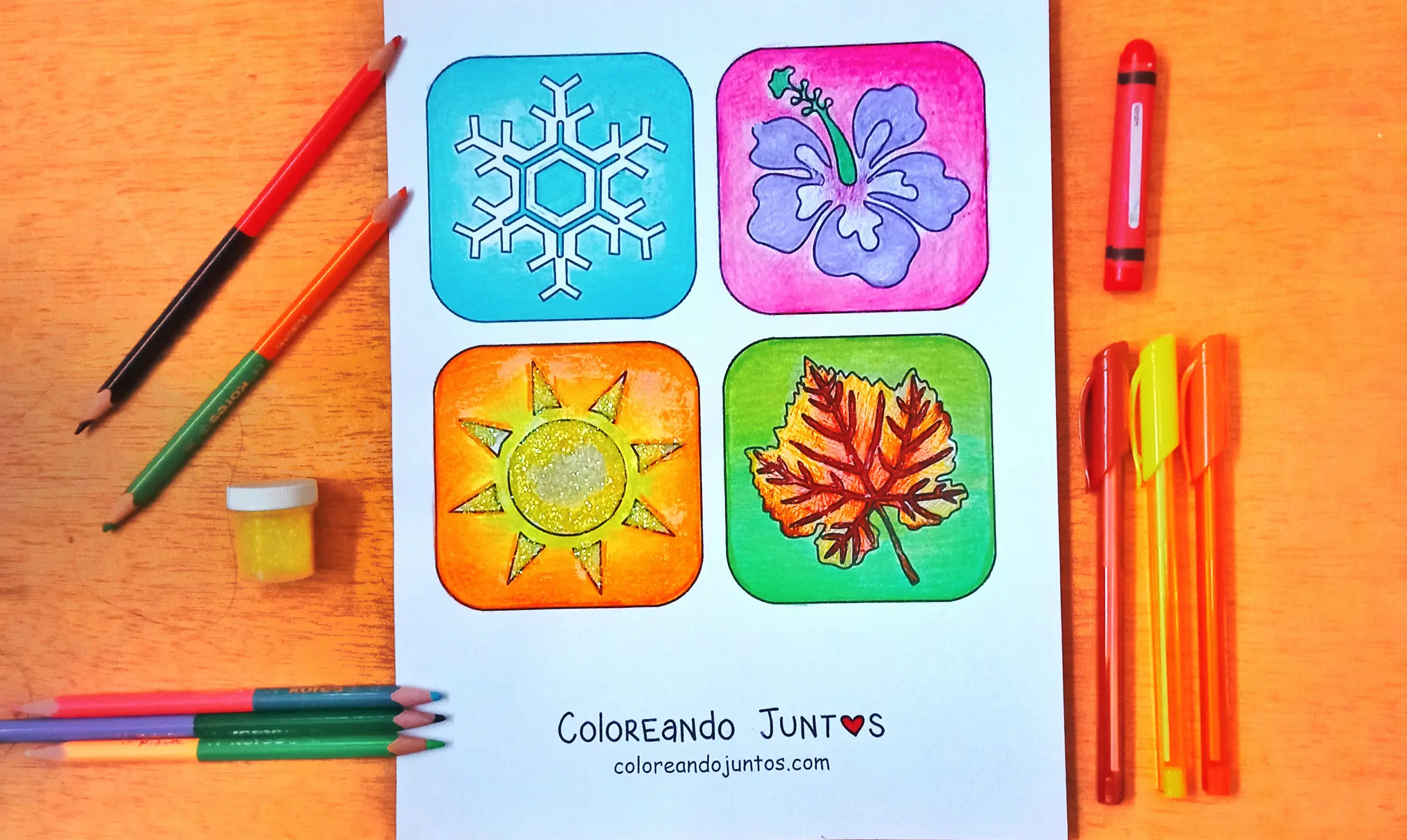 Dibujo de las cuatro estaciones coloreadas por Coloreando Juntos