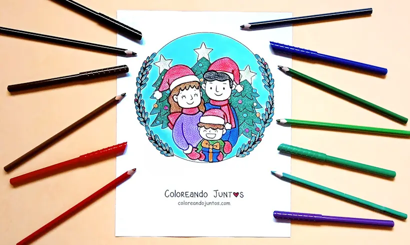 Dibujo de familia en Navidad coloreada por Coloreando Juntos