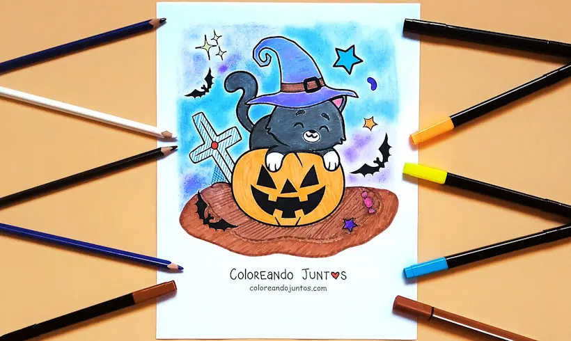 Dibujo de gato de Halloween coloreado por Coloreando Juntos