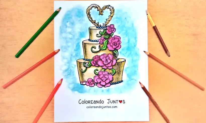 Dibujo de pastel de boda coloreado por Coloreando Juntos