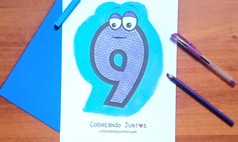 Dibujo del número 9 animado coloreado por Coloreando Juntos