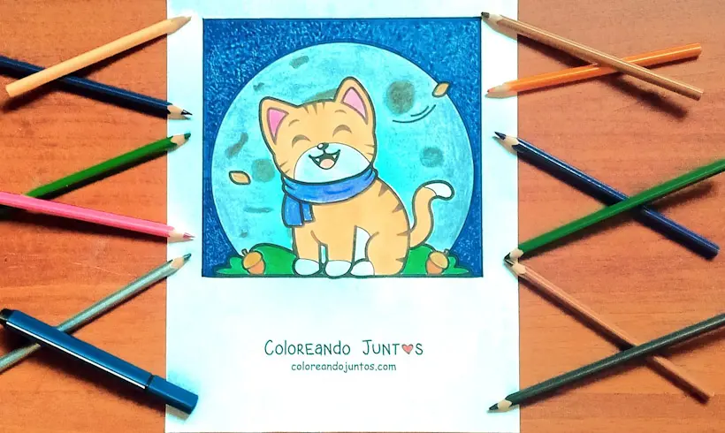 Dibujo de un gato con una bufanda coloreado por Coloreando Juntos