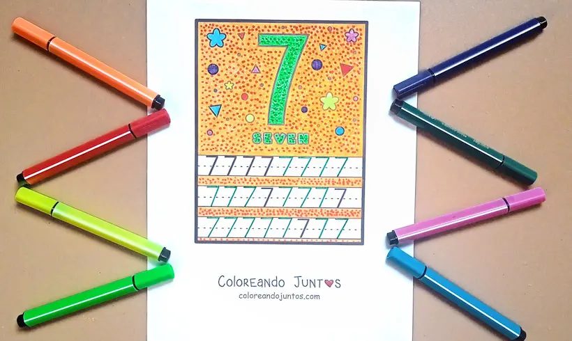 Dibujo del número 7 en inglés coloreado por Coloreando Juntos