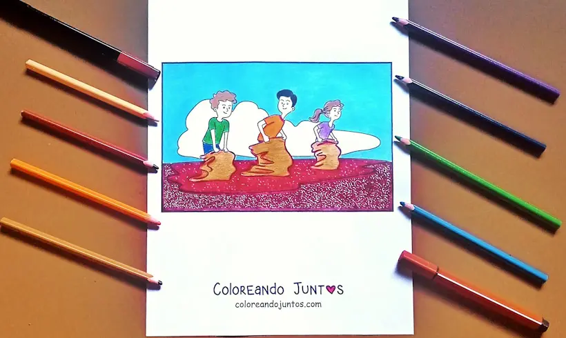 Dibujo de una carrera de sacos coloreada por Coloreando Juntos