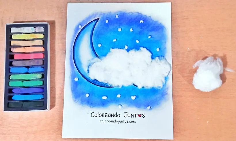 Dibujo de una luna con una nube pintado con algodón