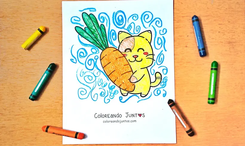Dibujo de un gato animado con una zanahoria coloreado con la técnica del raspado