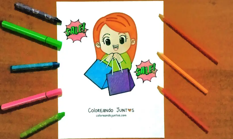 Dibujo de una chica de compras coloreada por Coloreando Juntos