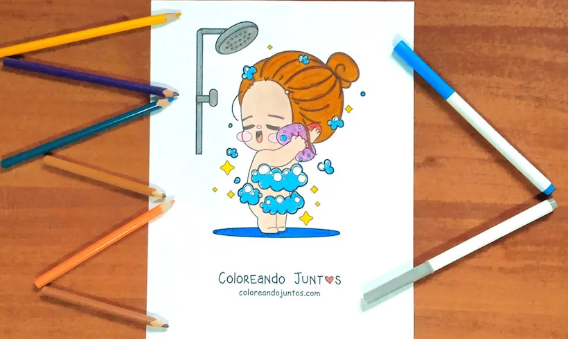 Dibujo de una chica bañándose coloreado por Coloreando Juntos