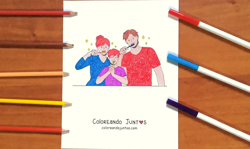 Dibujo de una familia cepillándose los dientes coloreado por Coloreando Juntos