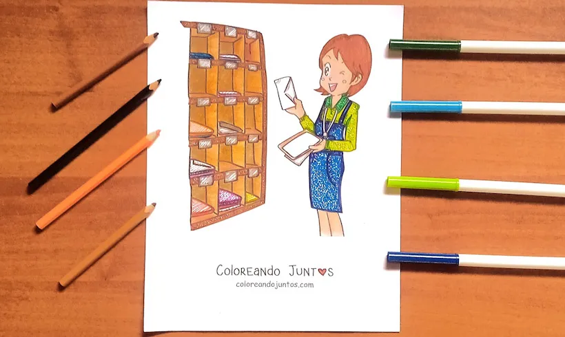 Dibujo de una mujer en la oficina postal coloreado por Coloreando Juntos