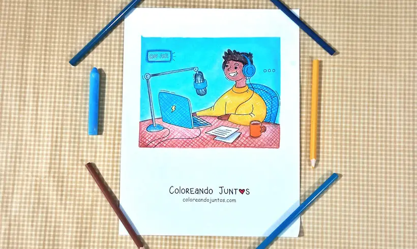 Dibujo de un chico en la radio coloreado por Coloreando Juntos