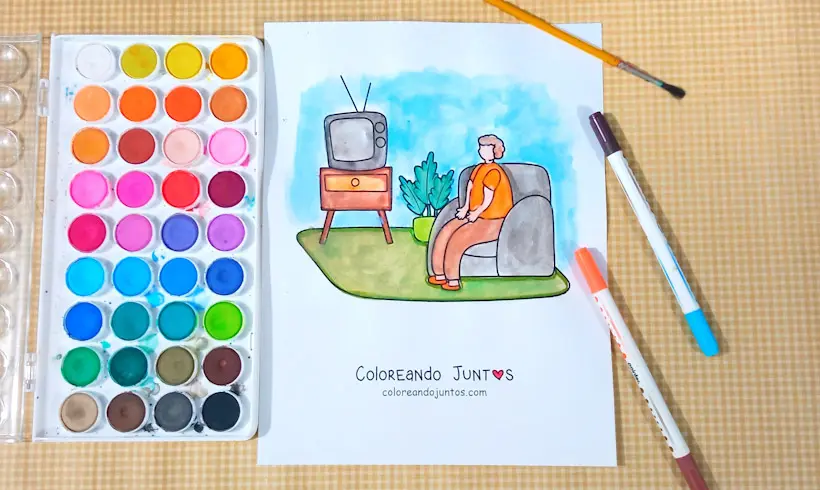 Dibujo de un hombre viendo la televisión coloreada por Coloreando Juntos