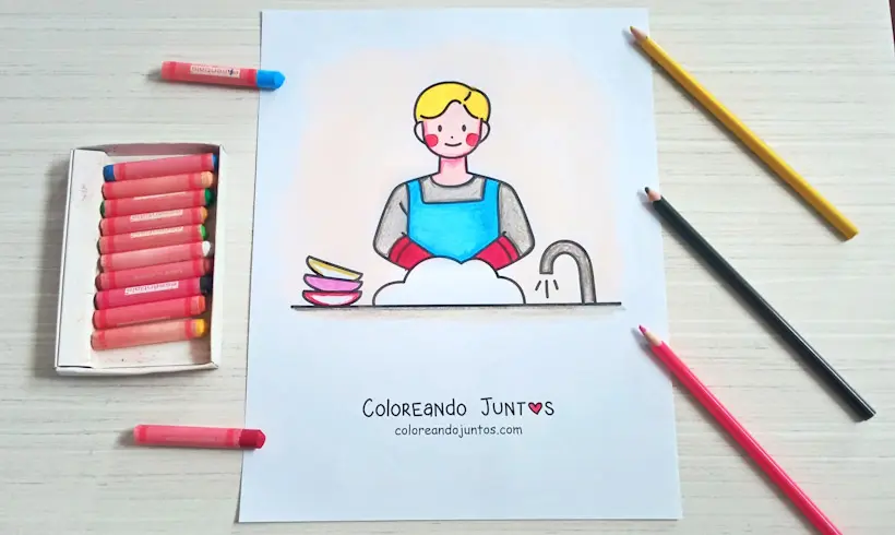 Dibujo de una mujer lavando los platos coloreado por Coloreando Juntos