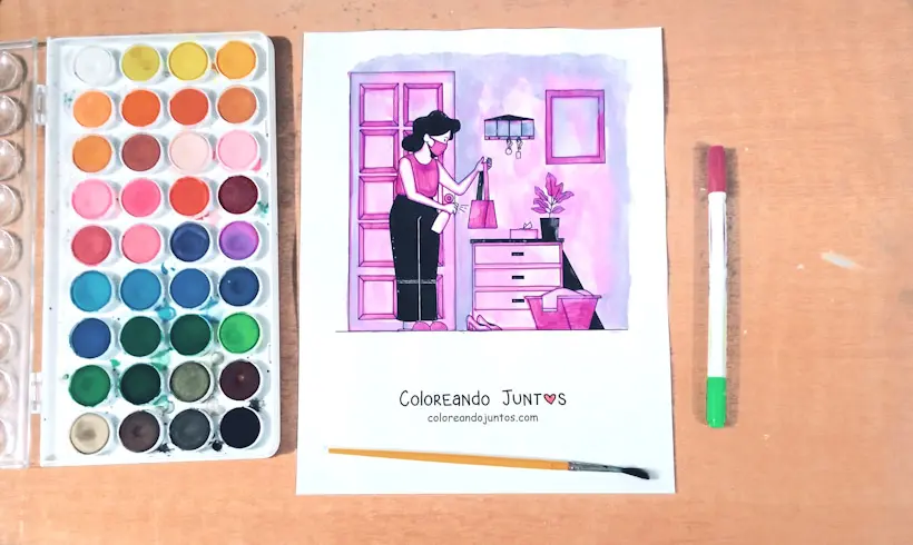 Dibujo de una mujer limpiando su casa coloreado por Coloreando Juntos