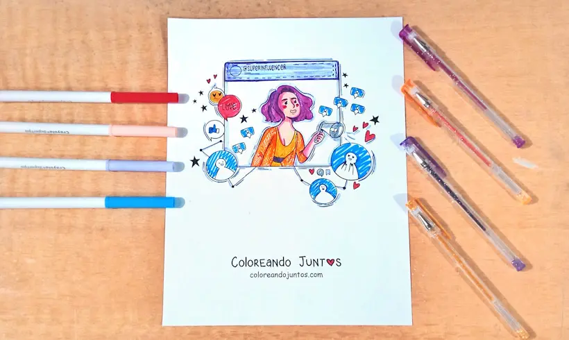Dibujo de una chica en las redes sociales coloreado por Coloreando Juntos