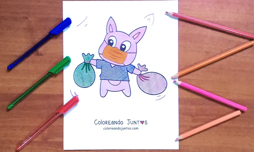 Dibujo de un cerdo animado sacando la basura coloreado por Coloreando Juntos