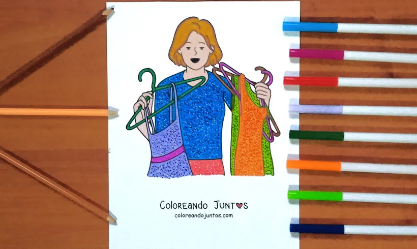 Dibujo de una mujer con vestidos coloreado por Coloreando Juntos