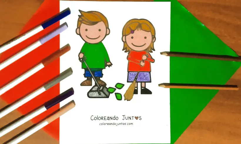 Dibujo de niños ayudando en casa coloreado por Coloreando Juntos