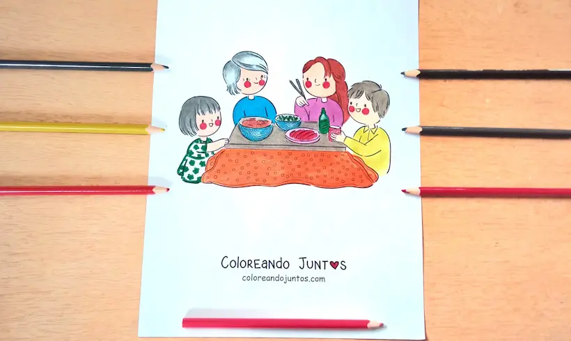 Dibujo de una familia cenando coloreado por Coloreando Juntos