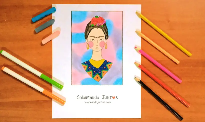 Dibujo de Frida Kahlo coloreada por Coloreando Juntos