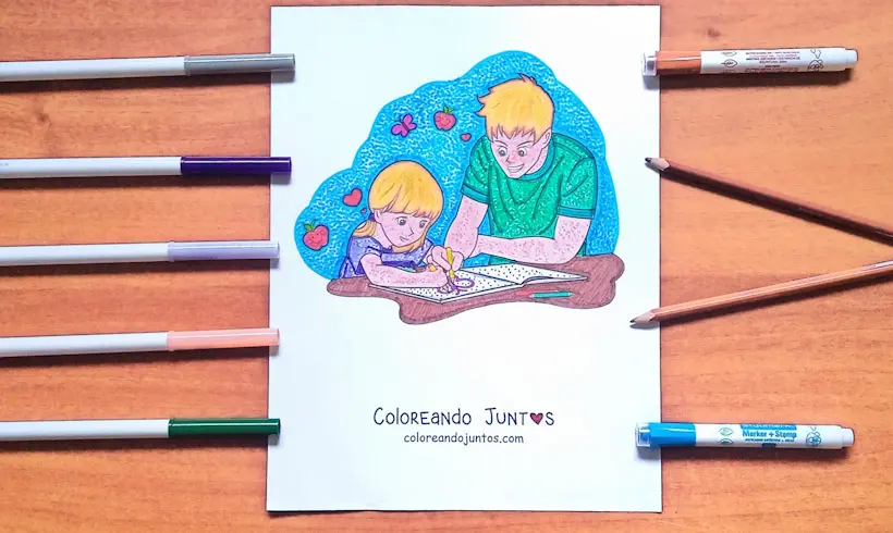 Dibujo de niña haciendo sus deberes coloreada por Coloreando Juntos
