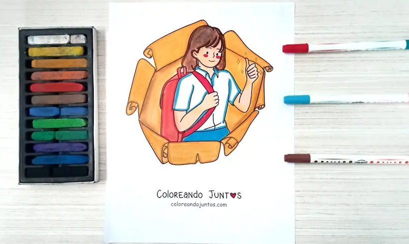 Dibujo de una niña lista para la escuela coloreado por Coloreando Juntos