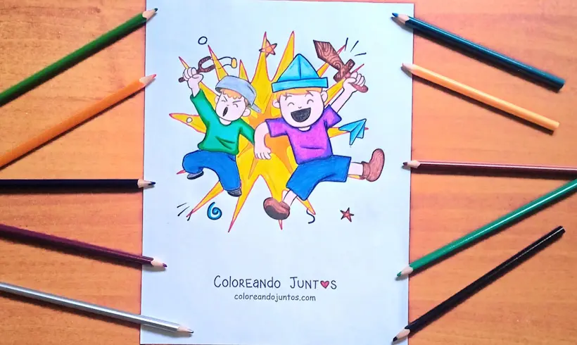 Dibujo de niños jugando coloreado por Coloreando Juntos