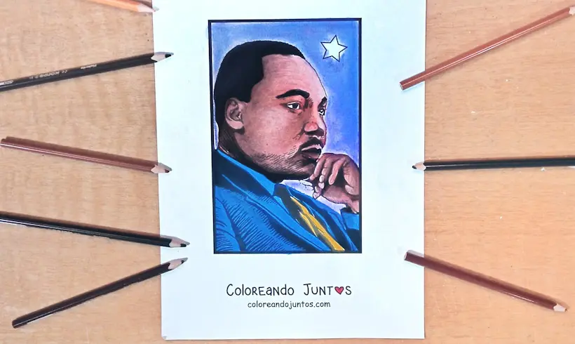 Dibujo de Martin Luther King con piel coloreada en estilo realista con lápices de madera
