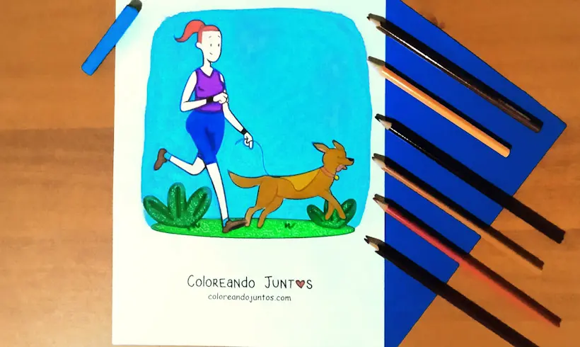 Dibujo de una chica paseando a su perro coloreado por Coloreando Juntos
