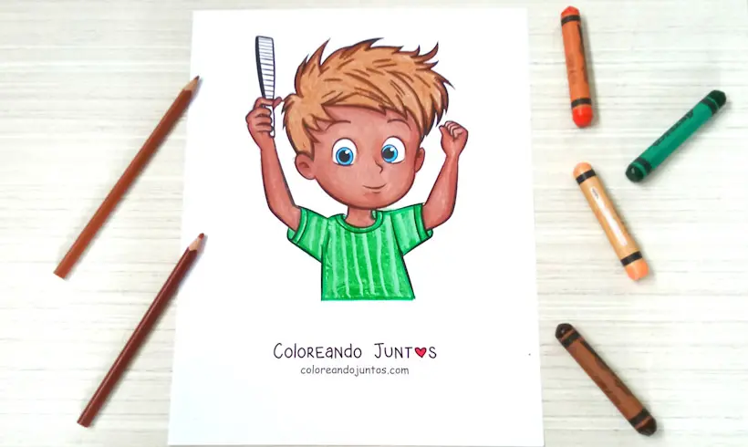 Dibujo de un niño peinando su cabello coloreado por Coloreando Juntos