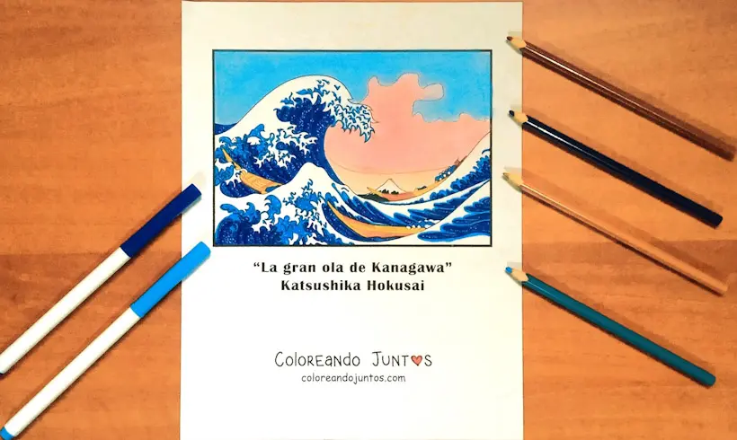 Dibujo de la pintura La Gran Ola de Kanagawa coloreada por Coloreando Juntos