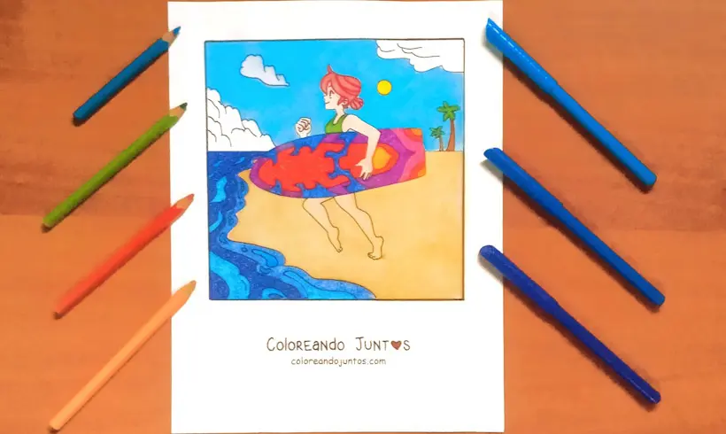 Dibujo de una surfista coloreado por Coloreando Juntos